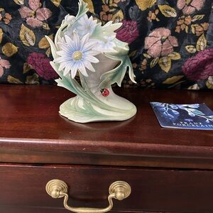 Elegant Franz Porcelain Floral Pillar Candle Holder with Daisies and Ladybug